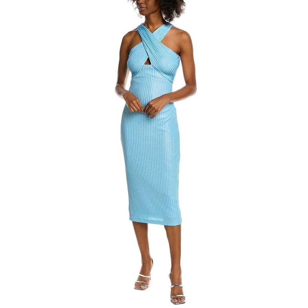 Monique Lhuillier Women's Crossover cutout metallic ribbed-knit midi dress Sz 6 - Picture 4 of 16